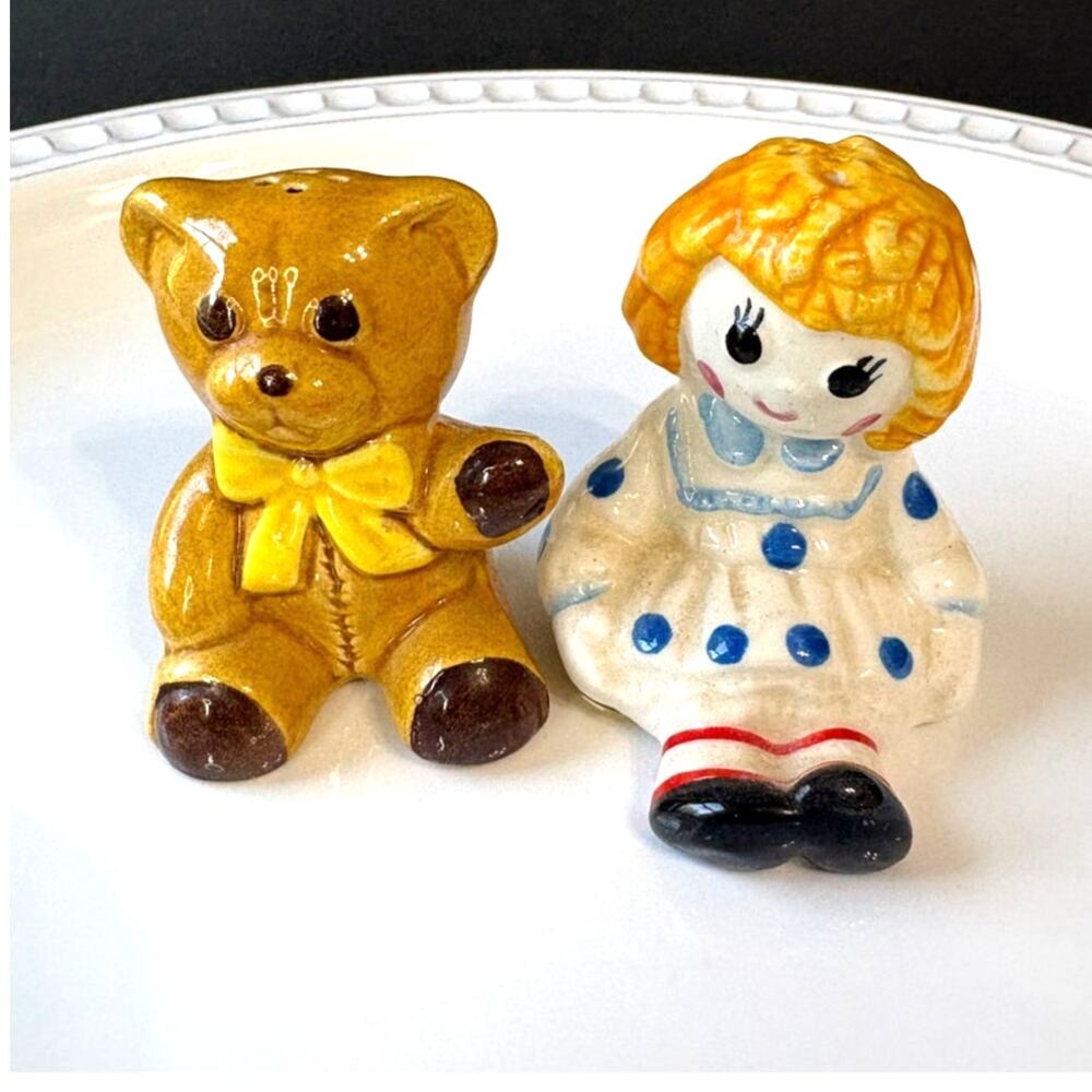 Vintage Avon Hand Painted Doll & Teddy Bear Salt & Pepper Shakers